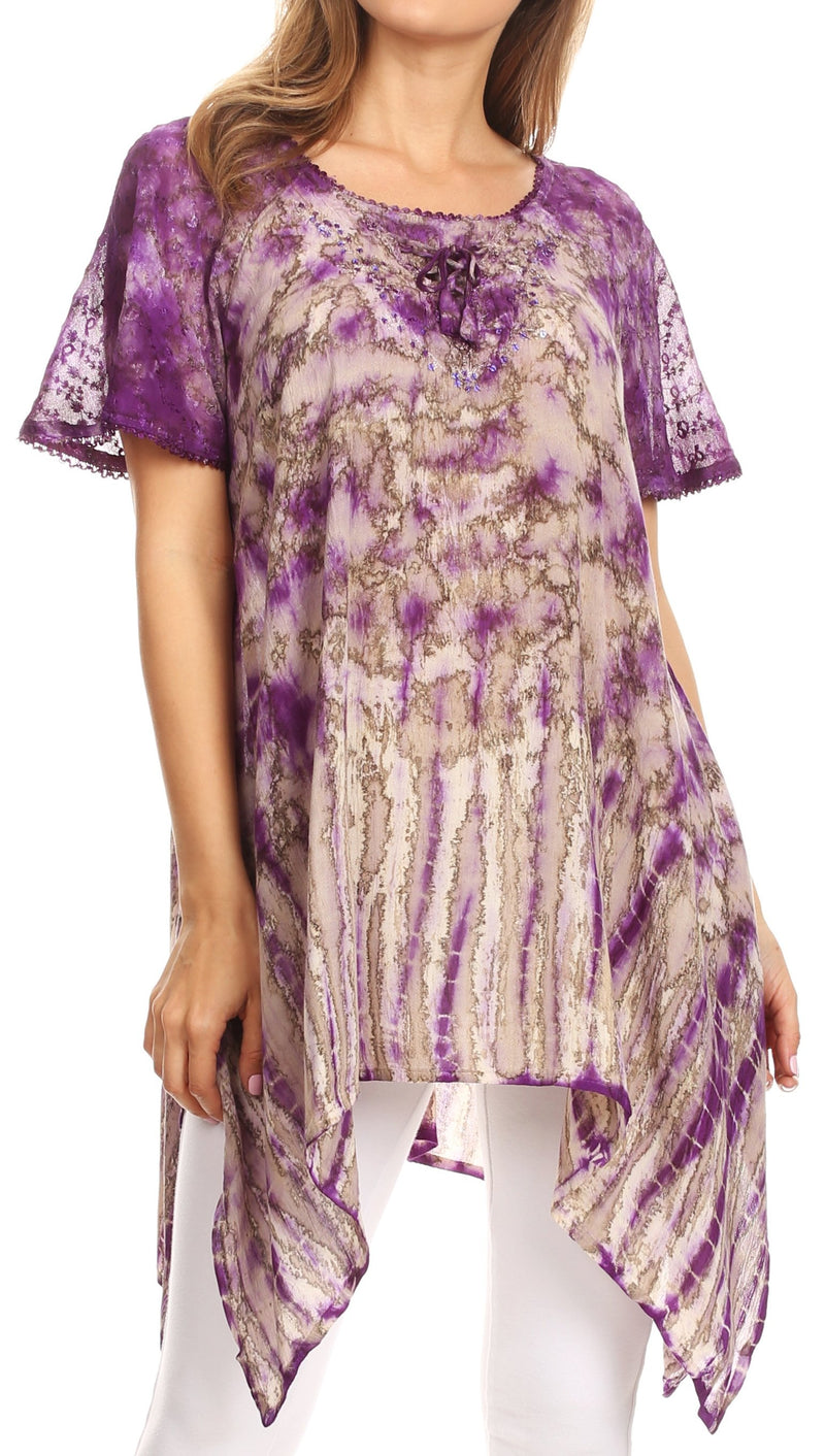 Sakkas Elba Womens Short Sleeves Handkerchief Hem Blouse Top Tie-dye with Sequin
