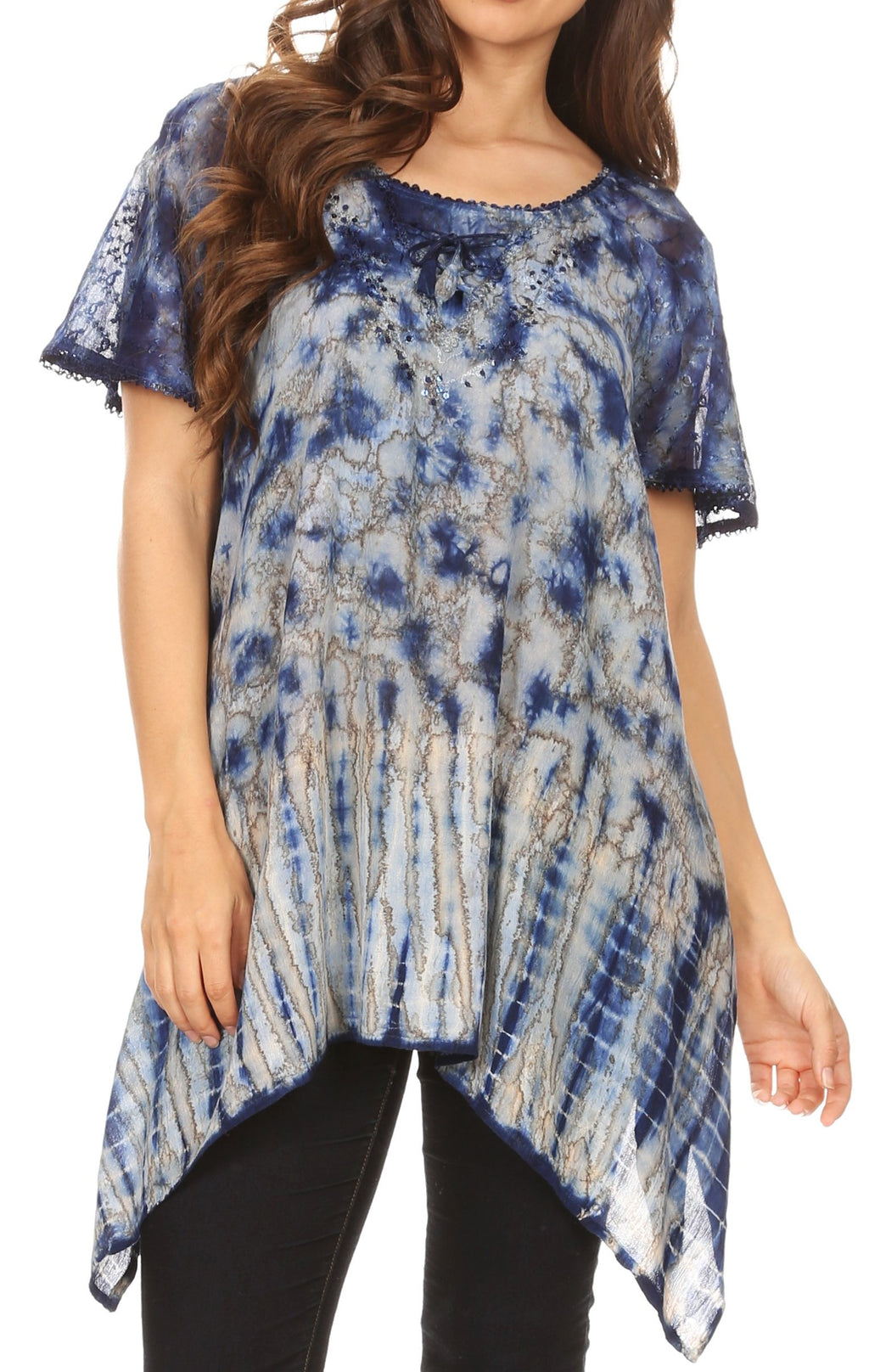 Sakkas Elba Womens Short Sleeves Handkerchief Hem Blouse Top Tie-dye w