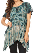 Sakkas Elba Womens Short Sleeves Handkerchief Hem Blouse Top Tie-dye with Sequin#color_Teal