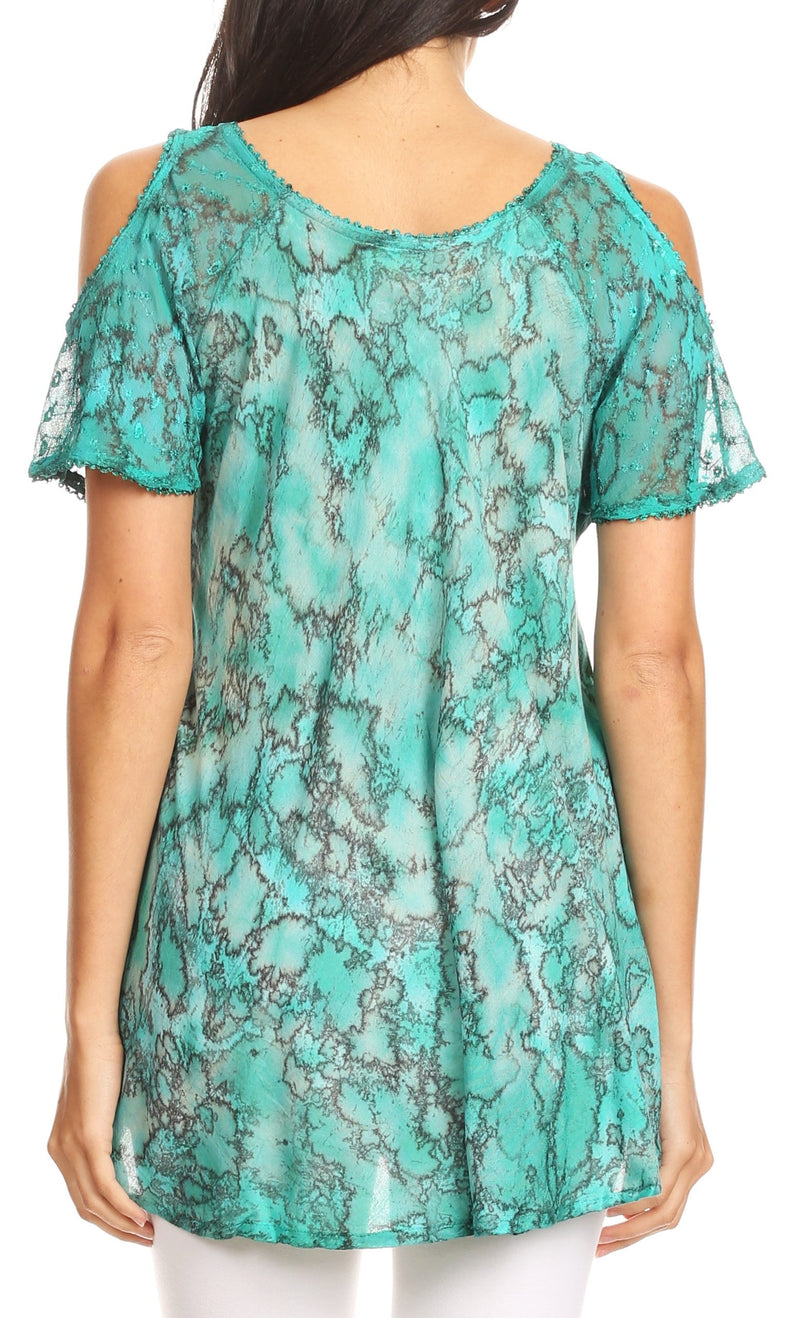 Sakkas Aziza Womens Cold Shoulder Tie-dye Blouse Top with Corset and Embroidery