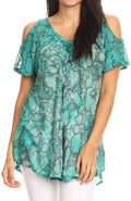 Sakkas Aziza Womens Cold Shoulder Tie-dye Blouse Top with Corset and Embroidery#color_SeaGreen