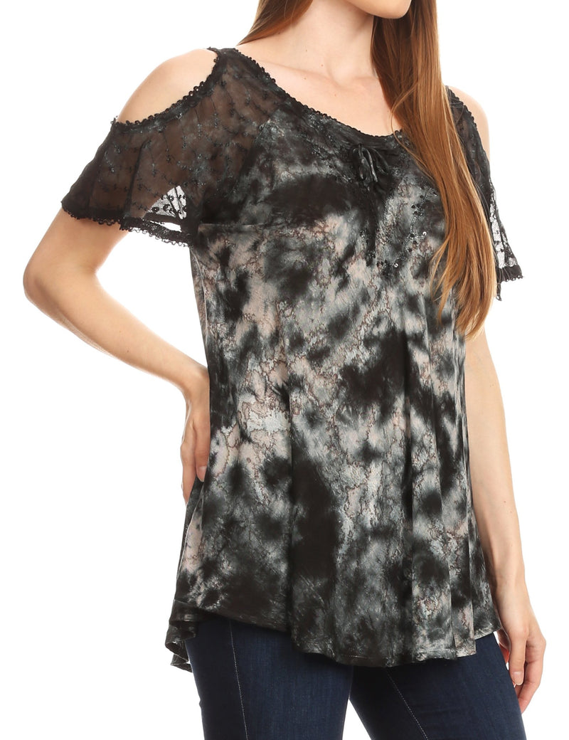 Sakkas Aziza Womens Cold Shoulder Tie-dye Blouse Top with Corset and Embroidery