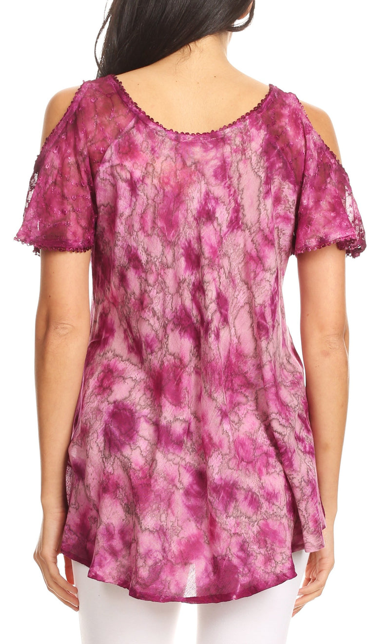 Sakkas Aziza Womens Cold Shoulder Tie-dye Blouse Top with Corset and Embroidery