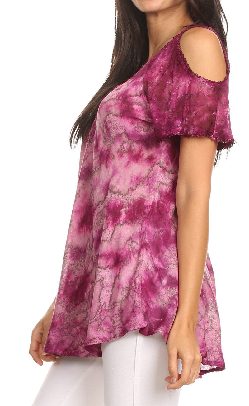 Sakkas Aziza Womens Cold Shoulder Tie-dye Blouse Top with Corset and Embroidery