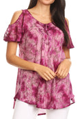 Sakkas Aziza Womens Cold Shoulder Tie-dye Blouse Top with Corset and Embroidery#color_Fuchsia