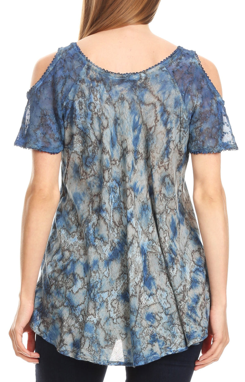Sakkas Aziza Womens Cold Shoulder Tie-dye Blouse Top with Corset and Embroidery