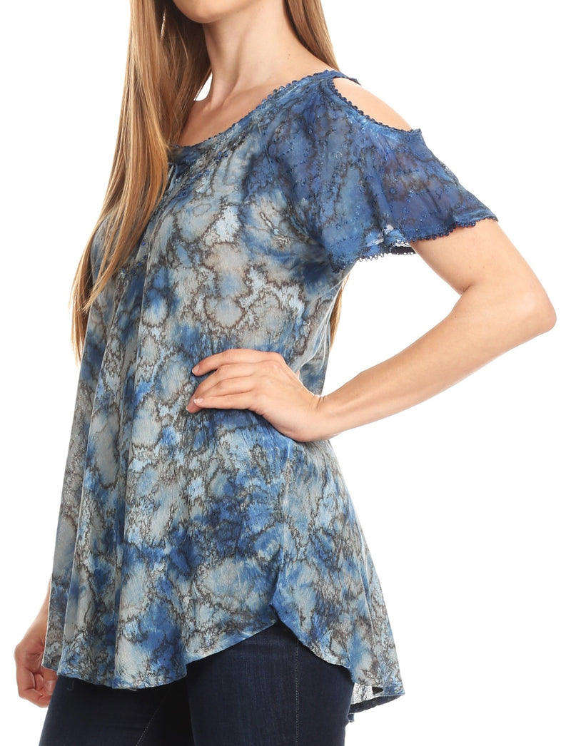 Sakkas Aziza Womens Cold Shoulder Tie-dye Blouse Top with Corset and Embroidery