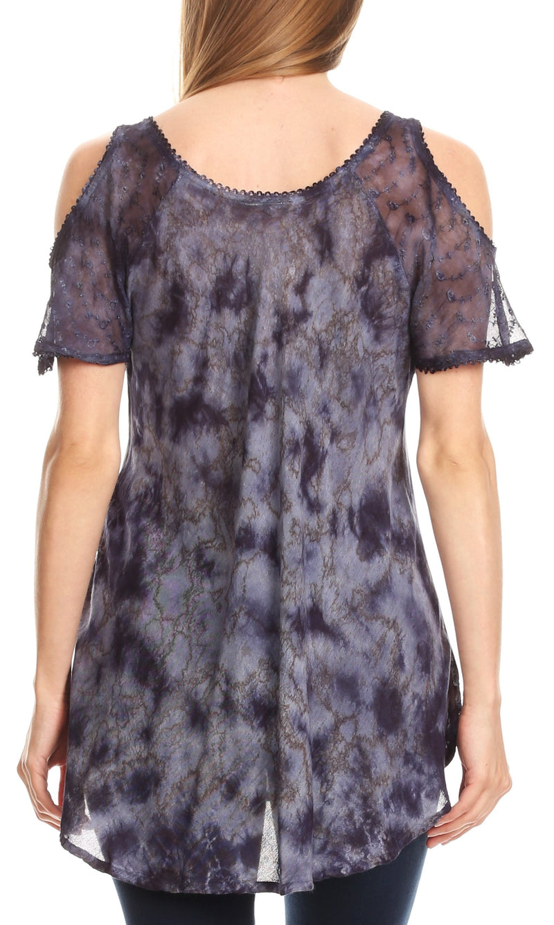 Sakkas Aziza Womens Cold Shoulder Tie-dye Blouse Top with Corset and Embroidery