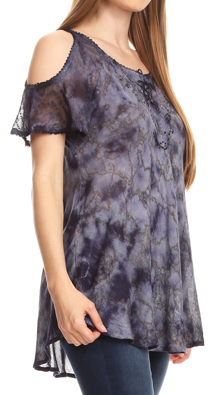 Sakkas Aziza Womens Cold Shoulder Tie-dye Blouse Top with Corset and Embroidery