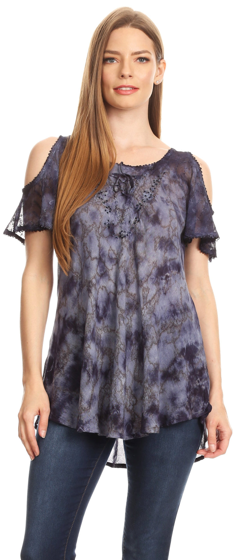 Sakkas Aziza Womens Cold Shoulder Tie-dye Blouse Top with Corset and Embroidery