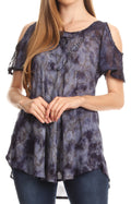 Sakkas Aziza Womens Cold Shoulder Tie-dye Blouse Top with Corset and Embroidery#color_Navy