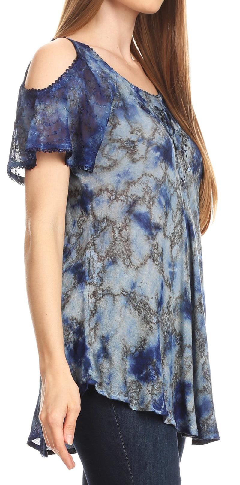 Sakkas Aziza Womens Cold Shoulder Tie-dye Blouse Top with Corset and Embroidery