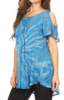 Sakkas Filipa Womens Cold Shoulder Top Blouse Tie-dye with Corset and Embroidery