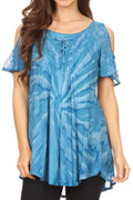 Sakkas Filipa Womens Cold Shoulder Top Blouse Tie-dye with Corset and Embroidery#color_SkyBlue