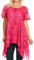 Sakkas Kiara Womens Asymmetrical Marble Dye Summer Top Blouse Short Sleeve Lace#color_Fuschia