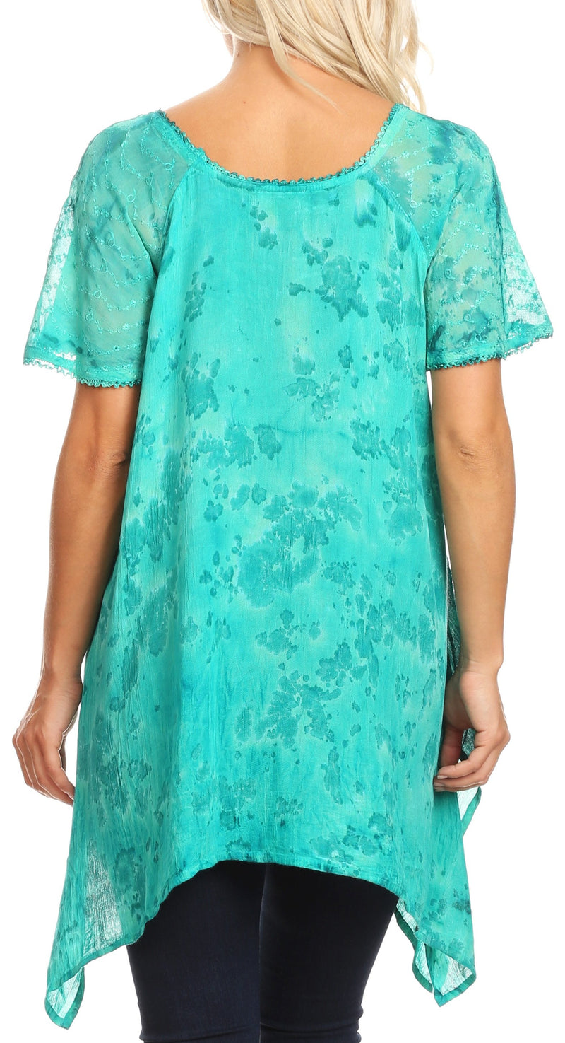 Sakkas Kiara Womens Asymmetrical Marble Dye Summer Top Blouse Short Sleeve Lace