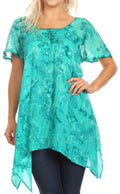 Sakkas Kiara Womens Asymmetrical Marble Dye Summer Top Blouse Short Sleeve Lace#color_SeaGreen