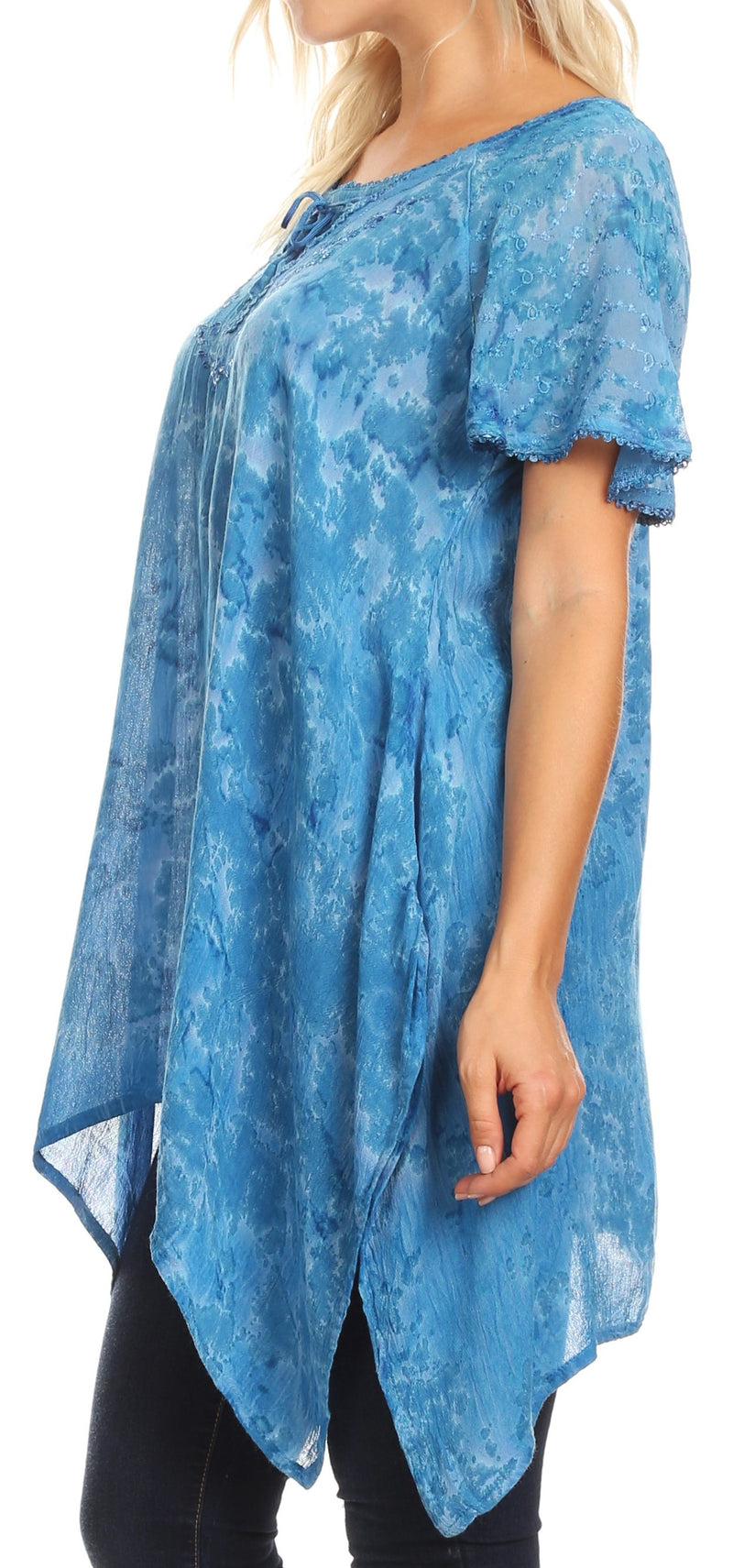 Sakkas Kiara Womens Asymmetrical Marble Dye Summer Top Blouse Short Sleeve Lace