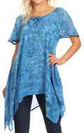 Sakkas Kiara Womens Asymmetrical Marble Dye Summer Top Blouse Short Sleeve Lace#color_Blue