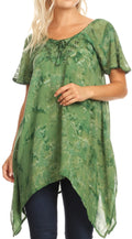 Sakkas Kiara Womens Asymmetrical Marble Dye Summer Top Blouse Short Sleeve Lace#color_Green