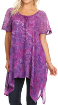 Sakkas Kiara Womens Asymmetrical Marble Dye Summer Top Blouse Short Sleeve Lace#color_Purple