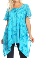 Sakkas Kiara Womens Asymmetrical Marble Dye Summer Top Blouse Short Sleeve Lace#color_Turquoise