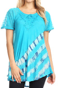Sakkas Lulu Short Sleeve Summer Casual Fresh Blouse Top Lace Tie-dye & Corset#color_Turquoise