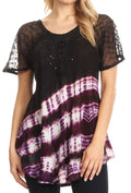 Sakkas Lulu Short Sleeve Summer Casual Fresh Blouse Top Lace Tie-dye & Corset#color_Black