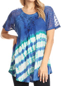 Sakkas Lulu Short Sleeve Summer Casual Fresh Blouse Top Lace Tie-dye & Corset#color_Blue