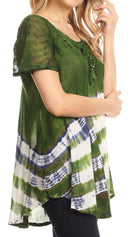 Sakkas Lulu Short Sleeve Summer Casual Fresh Blouse Top Lace Tie-dye & Corset