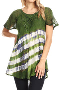 Sakkas Lulu Short Sleeve Summer Casual Fresh Blouse Top Lace Tie-dye & Corset#color_Green