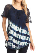 Sakkas Lulu Short Sleeve Summer Casual Fresh Blouse Top Lace Tie-dye & Corset#color_Navy