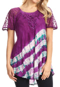 Sakkas Lulu Short Sleeve Summer Casual Fresh Blouse Top Lace Tie-dye & Corset#color_Purple