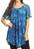 Sakkas Mayar Womens Tie-dye Short Sleeve Everyday Top Blouse with Lace & Corset#color_Blue
