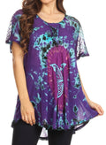 Sakkas Mayar Womens Tie-dye Short Sleeve Everyday Top Blouse with Lace & Corset#color_Purple