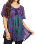 Sakkas Mayar Womens Tie-dye Short Sleeve Everyday Top Blouse with Lace & Corset#color_Teal