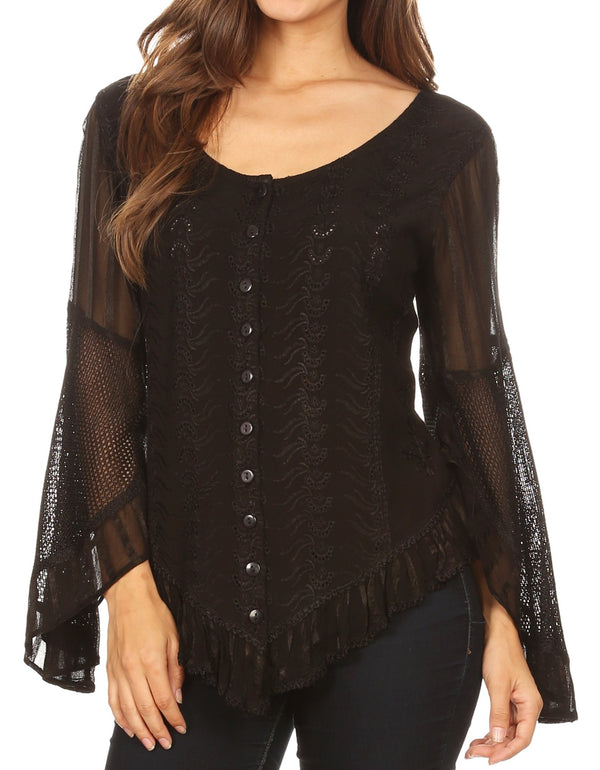 Sakkas Marga Womens Button Down Long Sleeve Top Blouse Shirt Lace Solid Simple#color_Black 