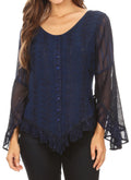 Sakkas Marga Womens Button Down Long Sleeve Top Blouse Shirt Lace Solid Simple#color_Blue