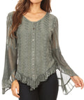 Sakkas Marga Womens Button Down Long Sleeve Top Blouse Shirt Lace Solid Simple#color_Grey