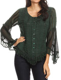 Sakkas Marga Womens Button Down Long Sleeve Top Blouse Shirt Lace Solid Simple#color_Green