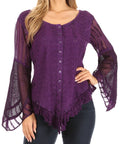 Sakkas Marga Womens Button Down Long Sleeve Top Blouse Shirt Lace Solid Simple#color_Purple