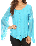 Sakkas Marga Womens Button Down Long Sleeve Top Blouse Shirt Lace Solid Simple#color_Turquoise