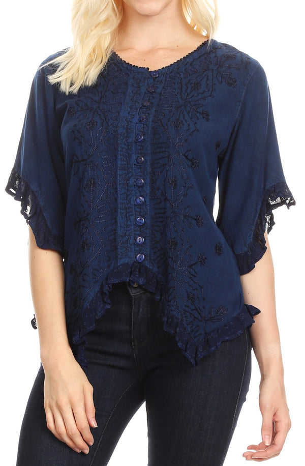 Sakkas Adela Womens 3/4 Sleeve V neck Lace and Embroidery Top Blouse with Ties#color_Blue 