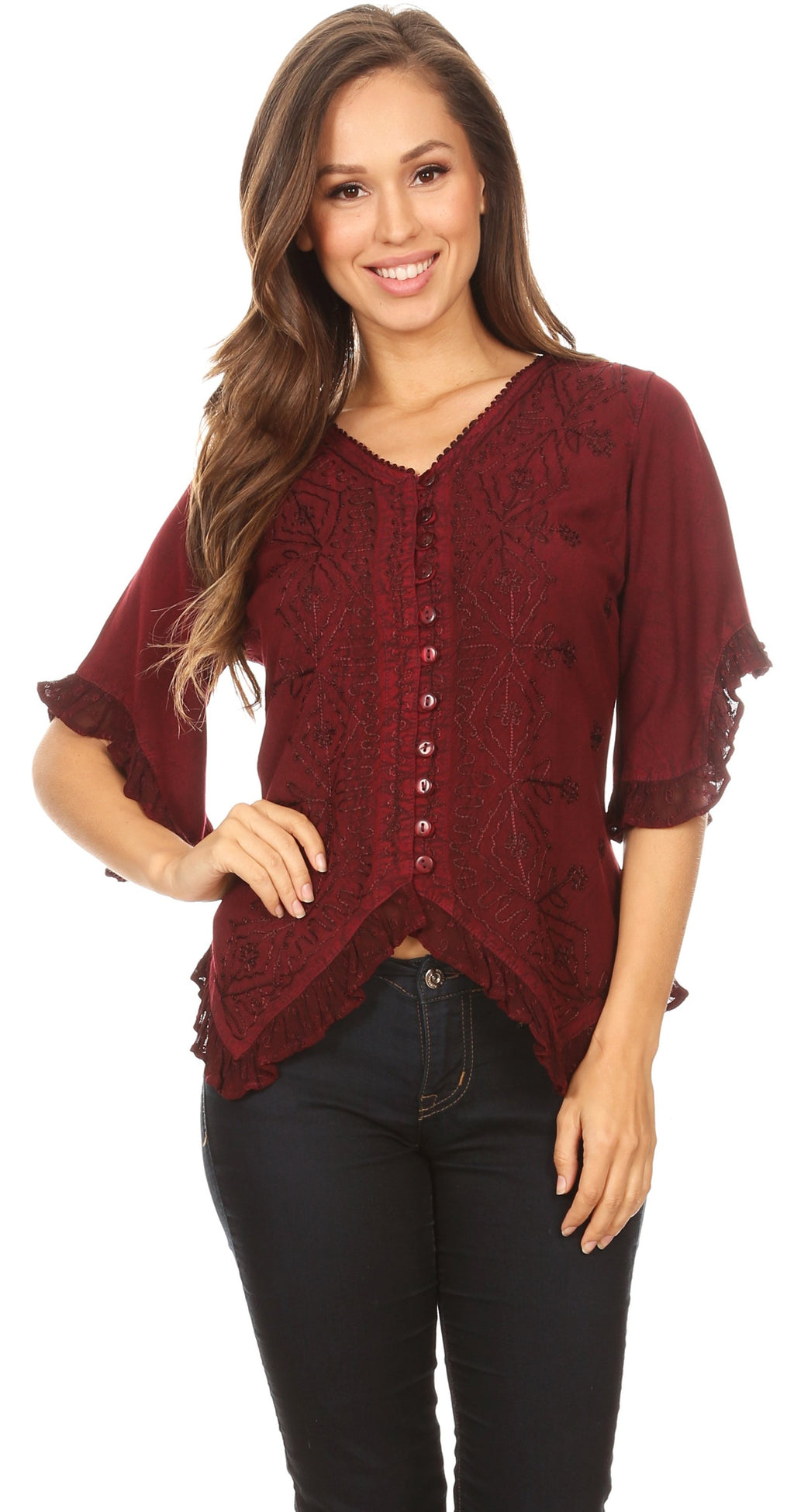 Sakkas Adela Womens 3/4 Sleeve V neck Lace and Embroidery Top Blouse w