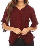 Sakkas Adela Womens 3/4 Sleeve V neck Lace and Embroidery Top Blouse with Ties