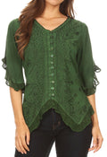 Sakkas Adela Womens 3/4 Sleeve V neck Lace and Embroidery Top Blouse with Ties#color_Green 