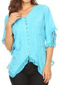 Sakkas Adela Womens 3/4 Sleeve V neck Lace and Embroidery Top Blouse with Ties#color_Turquoise 
