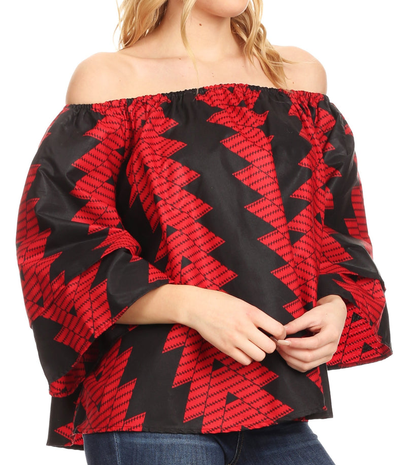 Sakkas Oni Women's Off the Shoulder African Ankara Wax Print Blouse Top Oversize
