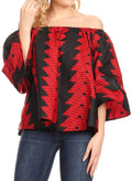 Sakkas Oni Women's Off the Shoulder African Ankara Wax Print Blouse Top Oversize#color_114-RedBlack