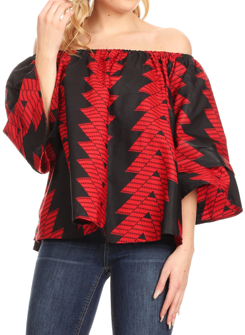Sakkas Oni Women's Off the Shoulder African Ankara Wax Print Blouse Top Oversize
